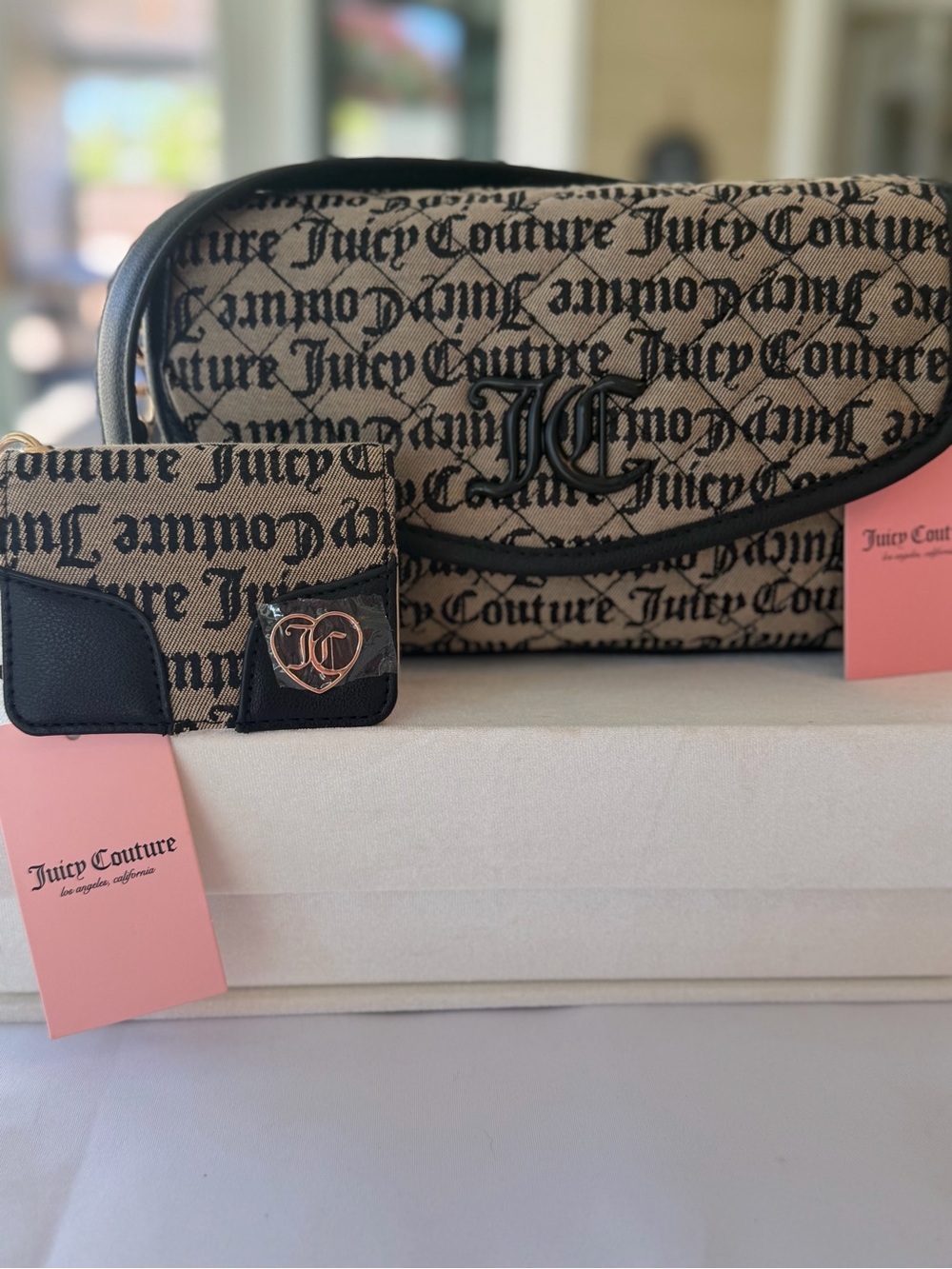 Juicy Couture Beige Canvas Logo Shoulder Bag with Black Trim & Card Holder